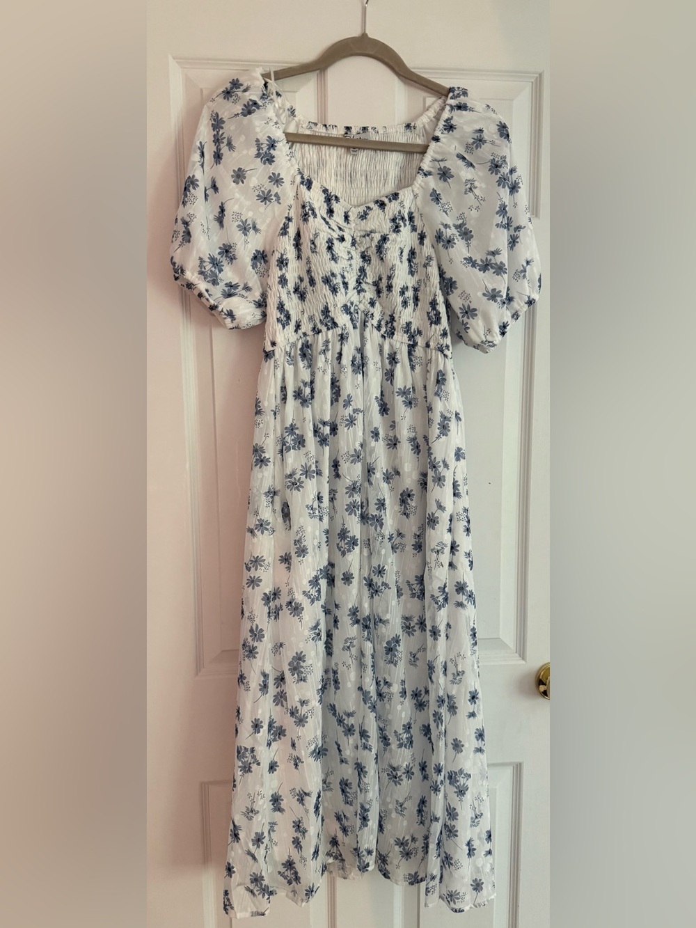 Blue Floral Smocked Bodice Maternity Midi Dress